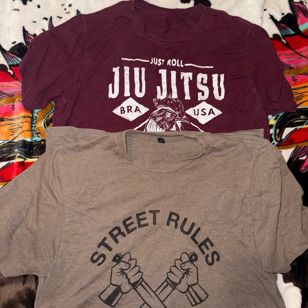 Brown and Red Short Sleeve Tees with Graphic Designs